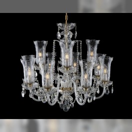 Lustre de luxe en cristal tchèque avec 12 vases gravés en forme de fleur de tulipe - vue d'en haut