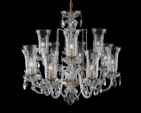 Lustre de luxe en cristal tchèque avec 12 vases gravés en forme de fleur de tulipe - vue d'en haut